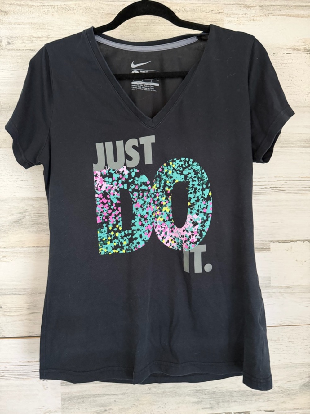 Nike Black V-Neck 'Just Do It' Tee with Multicolor Confetti Logo